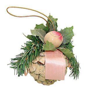 Vintage Painted Floral Pine Cone Holiday Christmas Tree Ornament 4" Beige & Pink